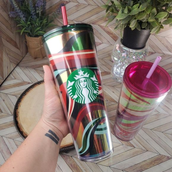 Starbucks Christmas Pink Red Ribbons Stripe & Red Green Ribbon Venti Tumbler - Picture 5 of 7